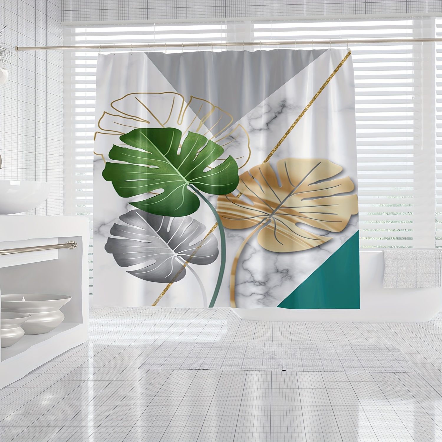 Home Bathroom Partition - 1pc Marble Leaf Pattern Shower Curtain,