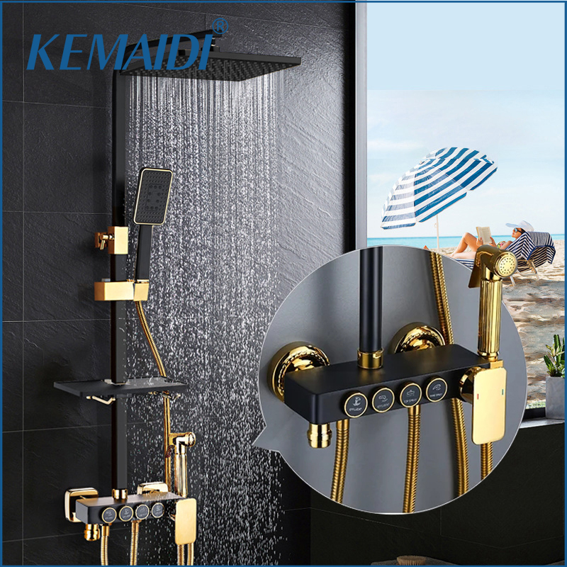 Home Bathroom Taps - KEMAIDI Black Gold Shower Faucet Set