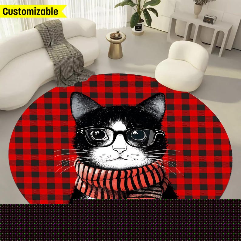 Home Bathroom Design Ideas - Christmas Cat Round Rug with Plaid