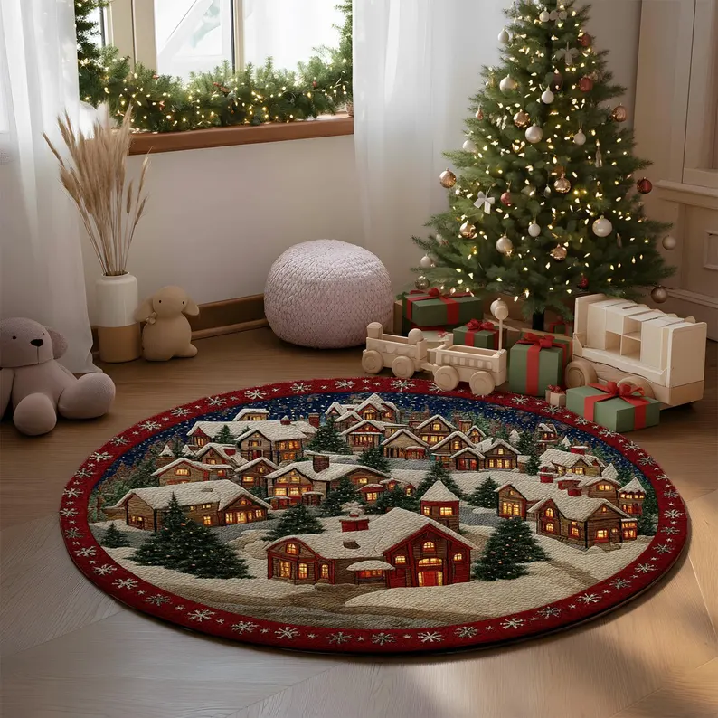 Home Bathroom Design Ideas - 3D Christmas Village Rug Festive Round