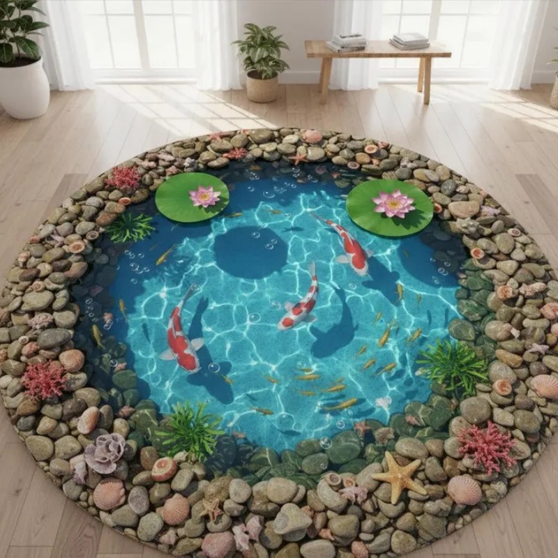 2D Visual Koi Fish Pond Round  - Home Goods Bathroom Rugs のレビューと価格