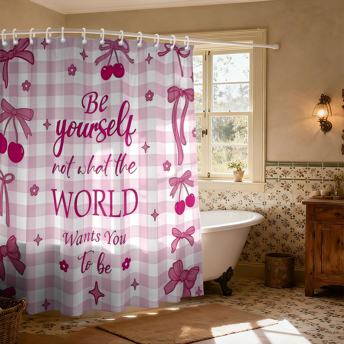 1pc Pink Bow Printed Shower Cu - Home Bathroom Partition のレビューと価格