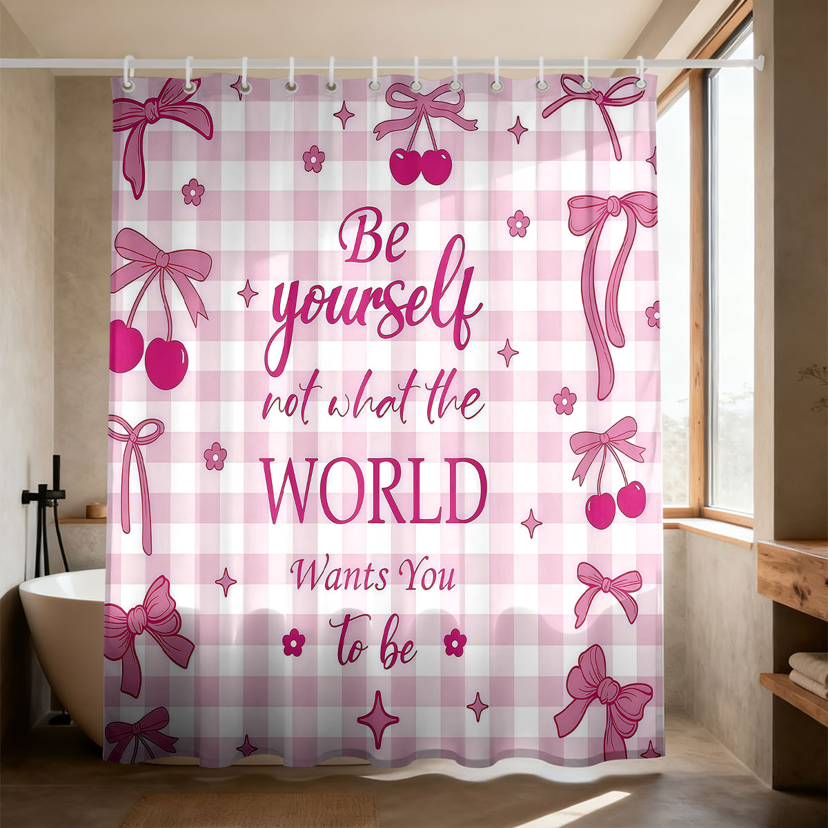1pc Pink Bow Printed Shower Cu - Home Bathroom Partition のレビューと価格