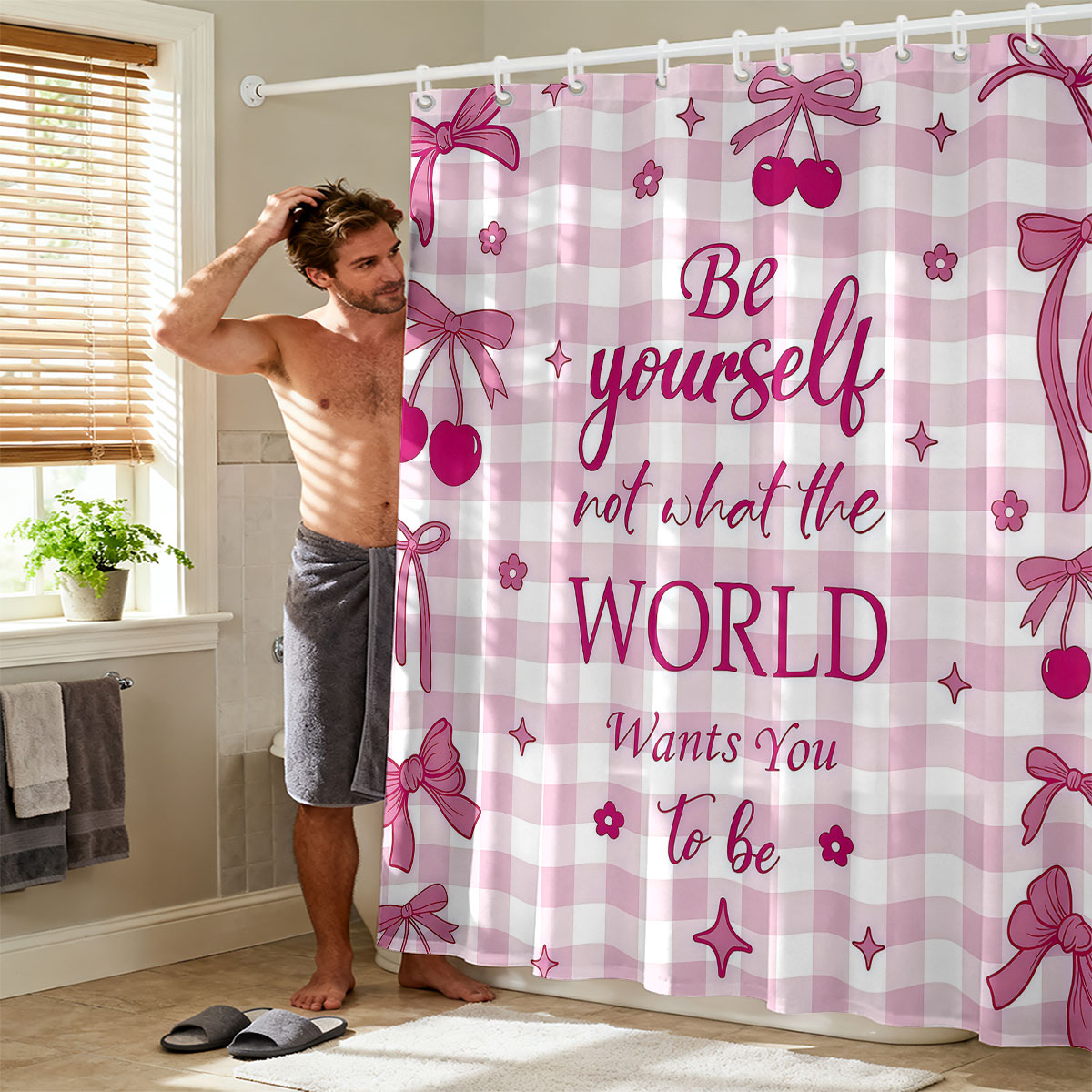 1pc Pink Bow Printed Shower Cu - Home Bathroom Partition のレビューと価格