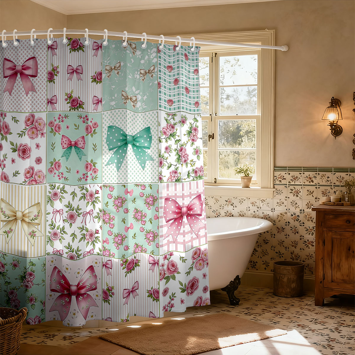 1pc Pink Bow Printed Shower Cu - Home Bathroom Partition のレビューと価格