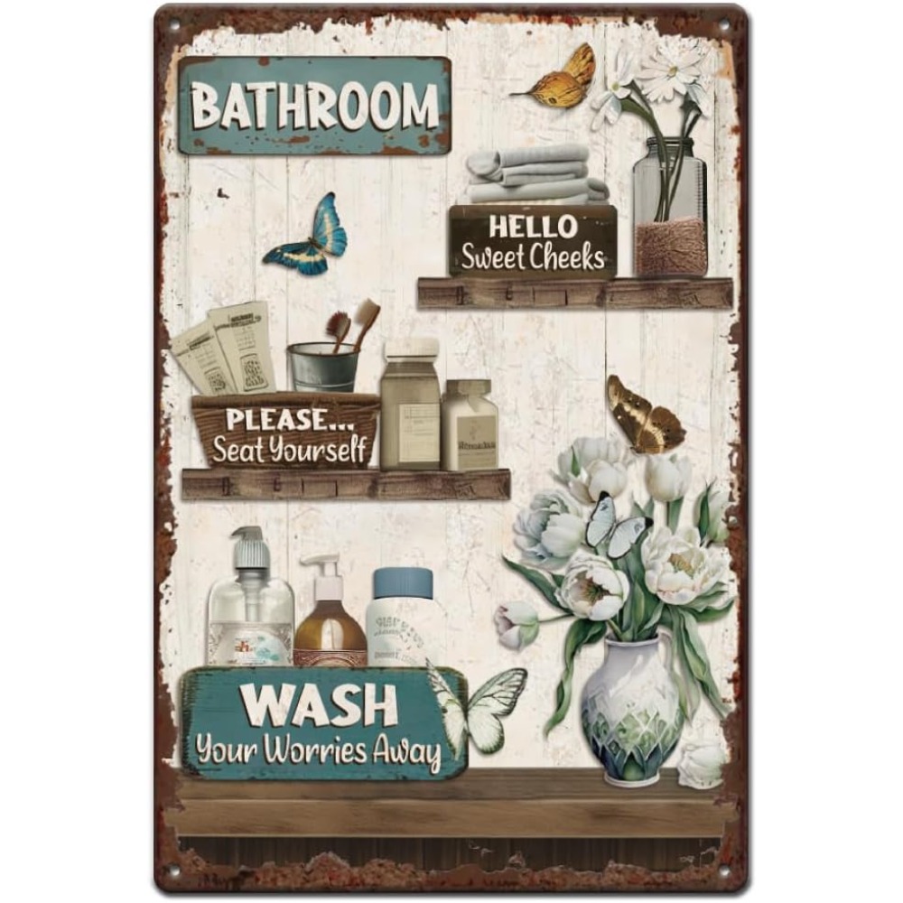 Bathroom Floral Tin Signs Vint - Home Bathroom Wall Decor のレビューと価格